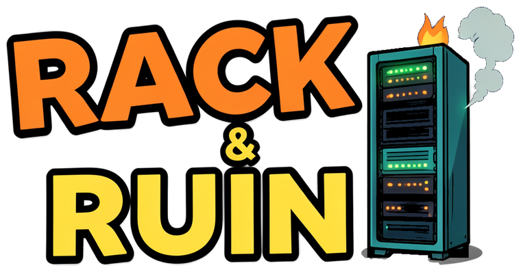 Rack & Ruin logo: a burning, smoking server rack